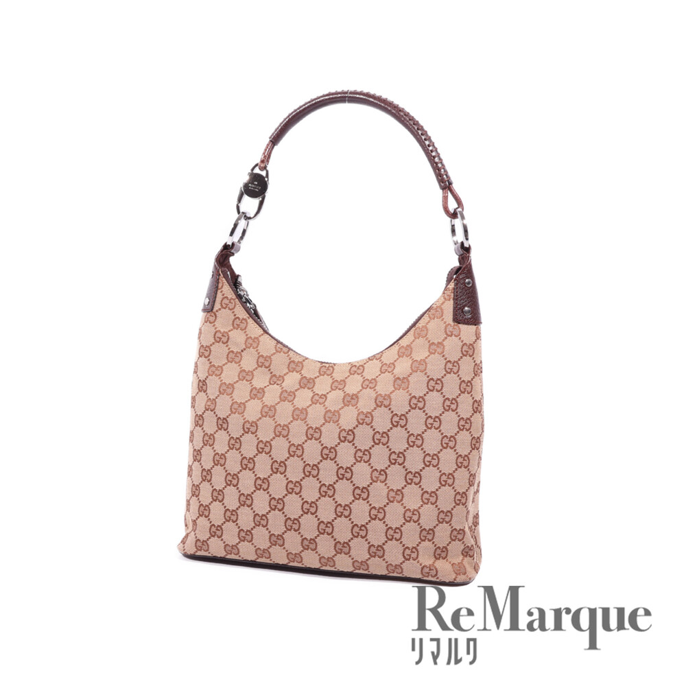 GUCCI GG Canvas One Shoulder Hobo Bag Leather Beige